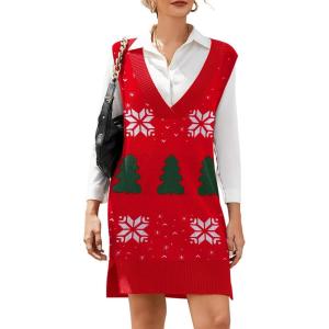 imageHOTOUCH Womens V Neck Sweater Vest Dress Oversized Sleeveless Casual Pullover Sweater Fall Winter Knit Slit Short DressChristmas