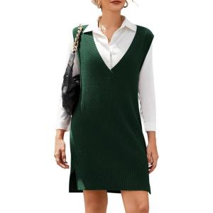 imageHOTOUCH Womens V Neck Sweater Vest Dress Oversized Sleeveless Casual Pullover Sweater Fall Winter Knit Slit Short DressDark Green