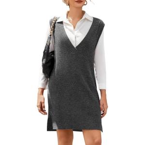 imageHOTOUCH Womens V Neck Sweater Vest Dress Oversized Sleeveless Casual Pullover Sweater Fall Winter Knit Slit Short DressDark Grey