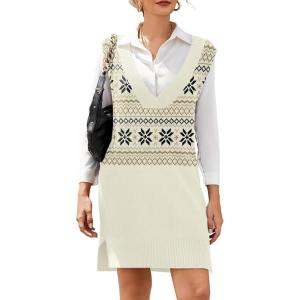 imageHOTOUCH Womens V Neck Sweater Vest Dress Oversized Sleeveless Casual Pullover Sweater Fall Winter Knit Slit Short DressFair Isle