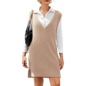 imageHOTOUCH Womens V Neck Sweater Vest Dress Oversized Sleeveless Casual Pullover Sweater Fall Winter Knit Slit Short DressKhaki