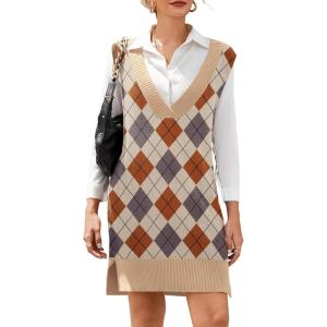 imageHOTOUCH Womens V Neck Sweater Vest Dress Oversized Sleeveless Casual Pullover Sweater Fall Winter Knit Slit Short DressKhaki Diamond