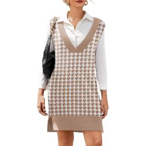 imageHOTOUCH Womens V Neck Sweater Vest Dress Oversized Sleeveless Casual Pullover Sweater Fall Winter Knit Slit Short DressKhaki Houndstooth