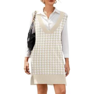 imageHOTOUCH Womens V Neck Sweater Vest Dress Oversized Sleeveless Casual Pullover Sweater Fall Winter Knit Slit Short DressLight Khaki Houndstooth
