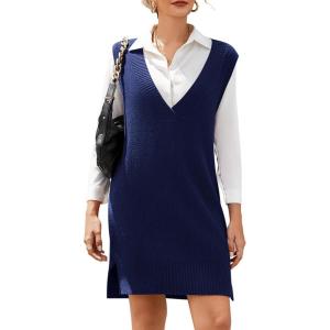 imageHOTOUCH Womens V Neck Sweater Vest Dress Oversized Sleeveless Casual Pullover Sweater Fall Winter Knit Slit Short DressNavy Blue
