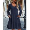 imageHOTOUCH Womens Casual A Line Dress V Neck Tiered Long Sleeve Fit Swing Dress with Pockets Loose Ruffled DressesNavy Blue