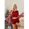 imageHOTOUCH Womens Satin Pajamas Set Button Down 2 Piece Silk Pjs Shorts Set Ruffle Lingerie Notch Collar SleepwearRed