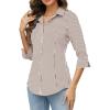 imageHOTOUCH Women Button Down Shirts 34 Sleeve Basic Business Dress Shirt Slim Fitted Classic V Neck Button Up Work Blouse TopsBrown Stripes