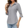 imageHOTOUCH Women Button Down Shirts 34 Sleeve Basic Business Dress Shirt Slim Fitted Classic V Neck Button Up Work Blouse TopsLight Grey