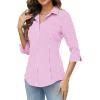 imageHOTOUCH Women Button Down Shirts 34 Sleeve Basic Business Dress Shirt Slim Fitted Classic V Neck Button Up Work Blouse TopsPink Stripes