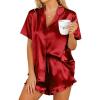 imageHOTOUCH Womens Satin Pajamas Set Button Down 2 Piece Silk Pjs Shorts Set Ruffle Lingerie Notch Collar SleepwearRed