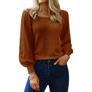 imageHOTOUCH Sweaters for Women 2025 Fall Trendy Tops Casual Puff Sleeve Square Neck Cute Tunic Pullover Blouses XSXXL02caramel