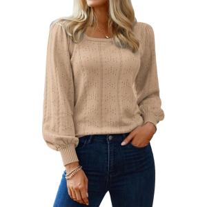 imageHOTOUCH Sweaters for Women 2025 Fall Trendy Tops Casual Puff Sleeve Square Neck Cute Tunic Pullover Blouses XSXXL02khaki