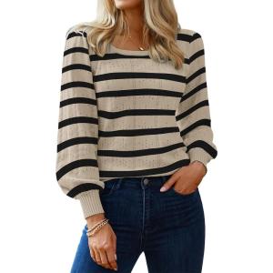 imageHOTOUCH Sweaters for Women 2025 Fall Trendy Tops Casual Puff Sleeve Square Neck Cute Tunic Pullover Blouses XSXXL02stripe1