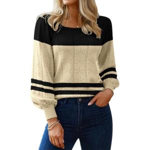 imageHOTOUCH Sweaters for Women 2025 Fall Trendy Tops Casual Puff Sleeve Square Neck Cute Tunic Pullover Blouses XSXXLBlack Beige