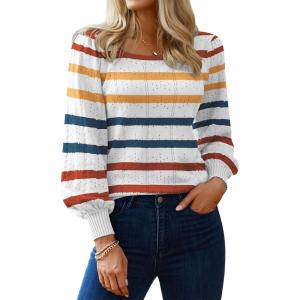 imageHOTOUCH Sweaters for Women 2025 Fall Trendy Tops Casual Puff Sleeve Square Neck Cute Tunic Pullover Blouses XSXXLWhite Orange Blue Stripe