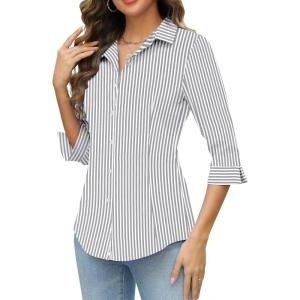 imageHOTOUCH Women Button Down Shirts 34 Sleeve Basic Business Dress Shirt Slim Fitted Classic V Neck Button Up Work Blouse TopsGrey Stripes