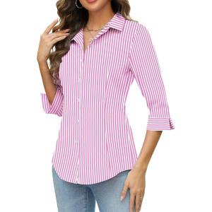 imageHOTOUCH Women Button Down Shirts 34 Sleeve Basic Business Dress Shirt Slim Fitted Classic V Neck Button Up Work Blouse TopsPink Stripes