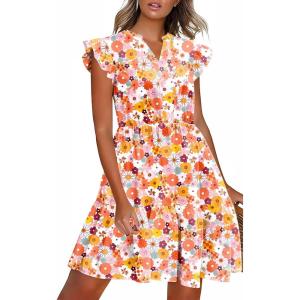imageHOTOUCH Women Printed Dress for Summer Short Ruffle Sleeve Dress Tiered Mini Dress with PocketsDaisy Print