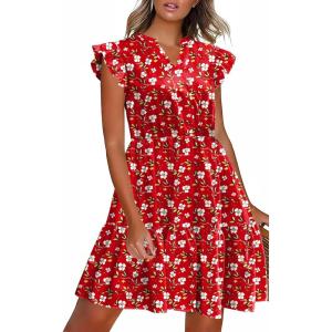 imageHOTOUCH Women Printed Dress for Summer Short Ruffle Sleeve Dress Tiered Mini Dress with PocketsRed Flower Print02