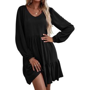 imageHOTOUCH Womens Casual A Line Dress V Neck Tiered Long Sleeve Fit Swing Dress with Pockets Loose Ruffled DressesBlack