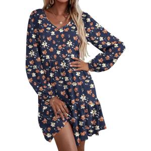 imageHOTOUCH Womens Casual A Line Dress V Neck Tiered Long Sleeve Fit Swing Dress with Pockets Loose Ruffled DressesBlueprinted