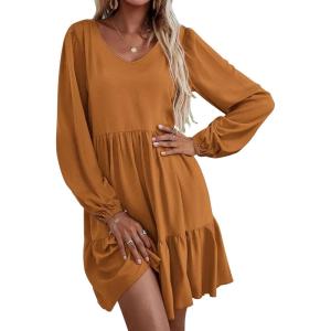 imageHOTOUCH Womens Casual A Line Dress V Neck Tiered Long Sleeve Fit Swing Dress with Pockets Loose Ruffled DressesBrown