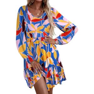 imageHOTOUCH Womens Casual A Line Dress V Neck Tiered Long Sleeve Fit Swing Dress with Pockets Loose Ruffled DressesFloralprinted
