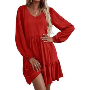 imageHOTOUCH Womens Casual A Line Dress V Neck Tiered Long Sleeve Fit Swing Dress with Pockets Loose Ruffled DressesRed