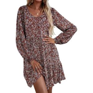 imageHOTOUCH Womens Casual A Line Dress V Neck Tiered Long Sleeve Fit Swing Dress with Pockets Loose Ruffled DressesRedprinted