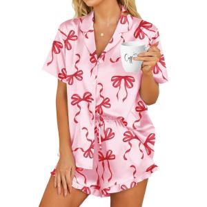 imageHOTOUCH Womens Satin Pajamas Set Button Down 2 Piece Silk Pjs Shorts Set Ruffle Lingerie Notch Collar SleepwearBow