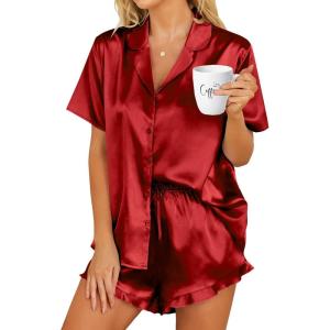 imageHOTOUCH Womens Satin Pajamas Set Button Down 2 Piece Silk Pjs Shorts Set Ruffle Lingerie Notch Collar SleepwearRed