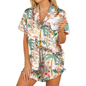 imageHOTOUCH Womens Satin Pajamas Set Button Down 2 Piece Silk Pjs Shorts Set Ruffle Lingerie Notch Collar SleepwearVitality Flower