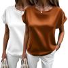 imageHOTOUCH Womens Short Sleeve Pullover Blouses Satin Silk Shirts Casual Loose Work Tunic Tops2pcs Caramelwhite