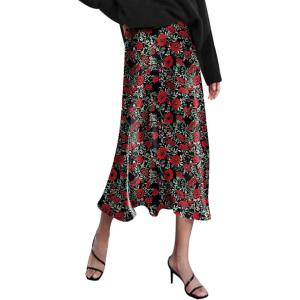 imageHOTOUCH Womens Midi Skirt High Waisted Solid Satin Dress Zipper Elegant Work SkirtsXh422