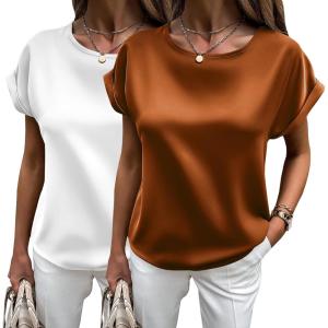 imageHOTOUCH Womens Short Sleeve Pullover Blouses Satin Silk Shirts Casual Loose Work Tunic Tops2pcs Caramelwhite