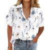 imageHOTOUCH Cotton Linen Button Down Shirt for Women V Neck Collared Blouse Casual Short Sleeve Tops with PocketFloral White Print