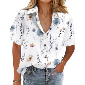 imageHOTOUCH Cotton Linen Button Down Shirt for Women V Neck Collared Blouse Casual Short Sleeve Tops with PocketFloral White Print
