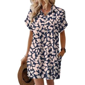 imageHOTOUCH Womens Summer Shirt Dress Short Sleeve Floral Shift Dress Casual Loose Flowy Beach Sundress with PocketsBlue Pink Leaf Print
