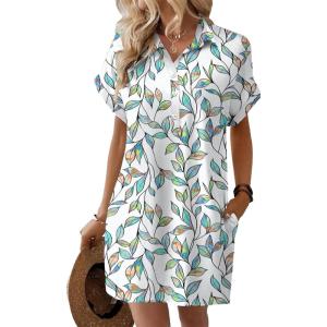 imageHOTOUCH Womens Summer Shirt Dress Short Sleeve Floral Shift Dress Casual Loose Flowy Beach Sundress with PocketsColorful Leaves