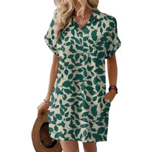 imageHOTOUCH Womens Summer Shirt Dress Short Sleeve Floral Shift Dress Casual Loose Flowy Beach Sundress with PocketsPink Leaf Print