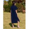 imageHOTOUCH Womens Summer Dress Casual Midi Short Sleeve Shirt Button Down Loose Beach Dress with Pockets01navy Blue