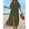imageHOTOUCH Womens Summer Dress Casual Midi Short Sleeve Shirt Button Down Loose Beach Dress with PocketsArmy Green