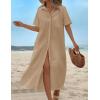 imageHOTOUCH Womens Summer Dress Casual Midi Short Sleeve Shirt Button Down Loose Beach Dress with PocketsBeige