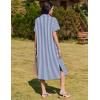 imageHOTOUCH Womens Summer Dress Casual Midi Short Sleeve Shirt Button Down Loose Beach Dress with PocketsBlue Stripe