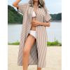 imageHOTOUCH Womens Summer Dress Casual Midi Short Sleeve Shirt Button Down Loose Beach Dress with PocketsBrown Stripe