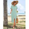 imageHOTOUCH Womens Summer Dress Casual Midi Short Sleeve Shirt Button Down Loose Beach Dress with PocketsGreen Stripe