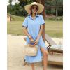 imageHOTOUCH Womens Summer Dress Casual Midi Short Sleeve Shirt Button Down Loose Beach Dress with PocketsLight Blue