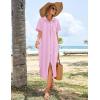 imageHOTOUCH Womens Summer Dress Casual Midi Short Sleeve Shirt Button Down Loose Beach Dress with PocketsPink Stripe