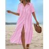 imageHOTOUCH Womens Summer Dress Casual Midi Short Sleeve Shirt Button Down Loose Beach Dress with PocketsPink Stripe